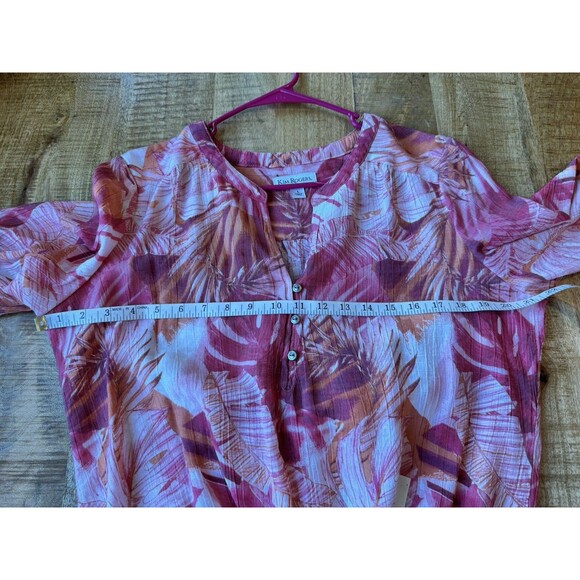 Kim Rogers Women's Pink Hawaiian Banana Leaf Henley Blouse Roll Tab Large - Picture 6 of 9